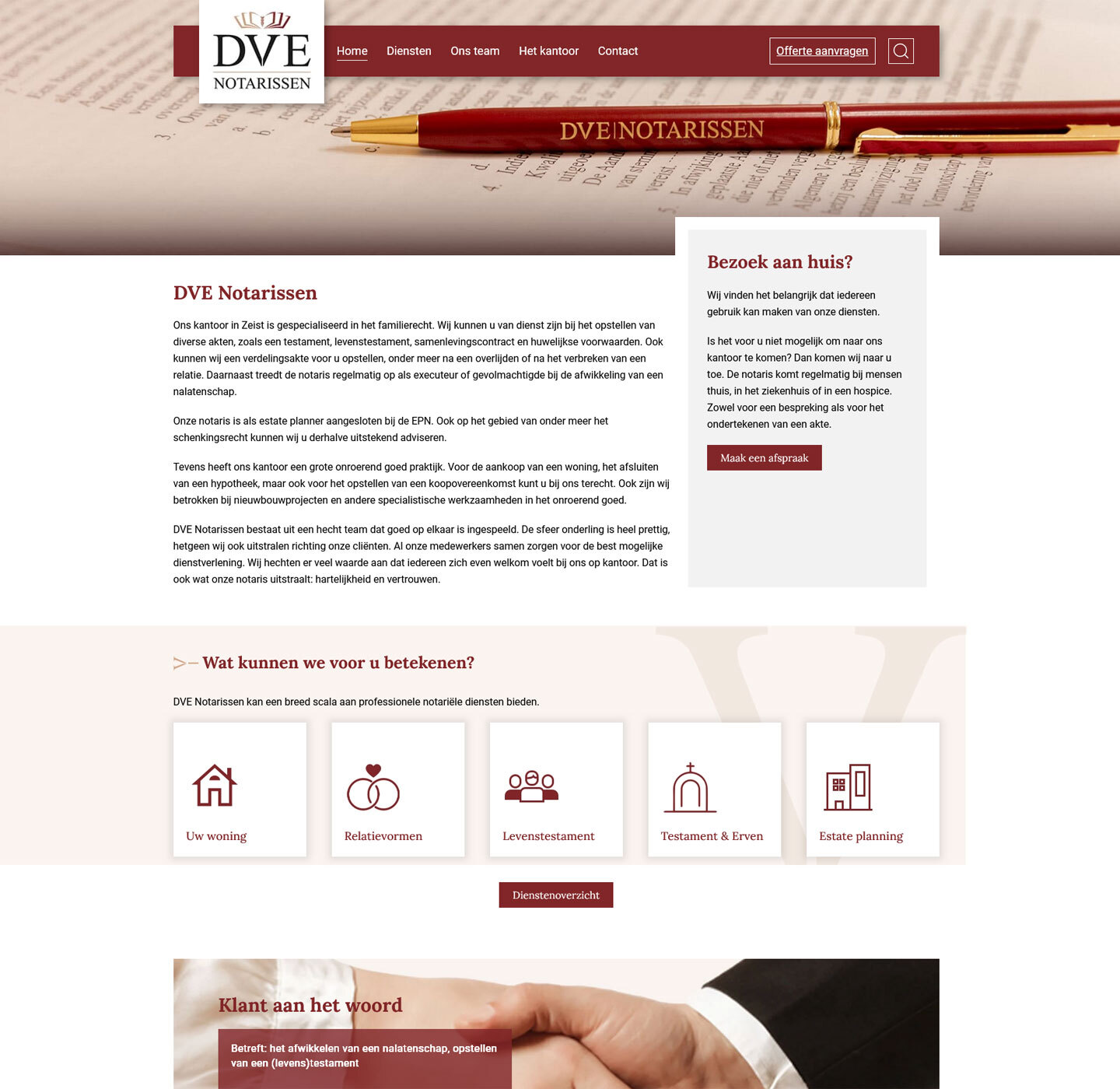 screenshot van de website van DVE Notarissen